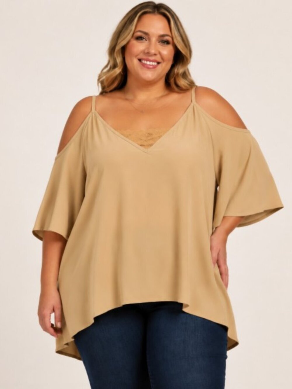 Cato Hi-Lo top with Lace Inlay Cold Shoulder Short Sleeve Blouse Women 26/28W